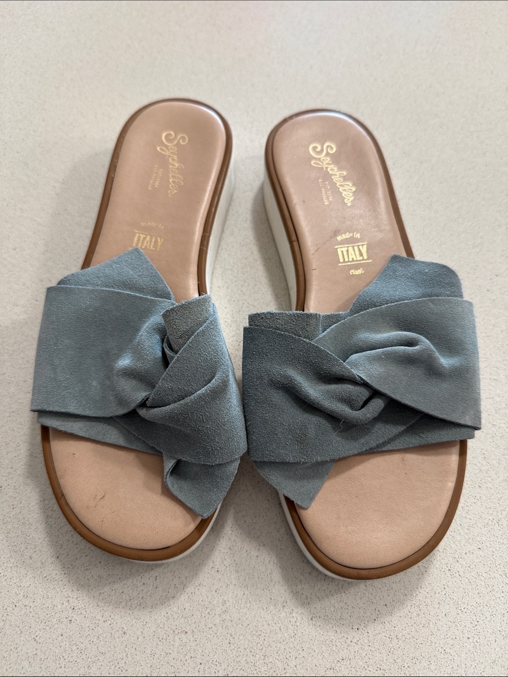 Seychelles Knotted Slide Sandals in Slate Blue Suede